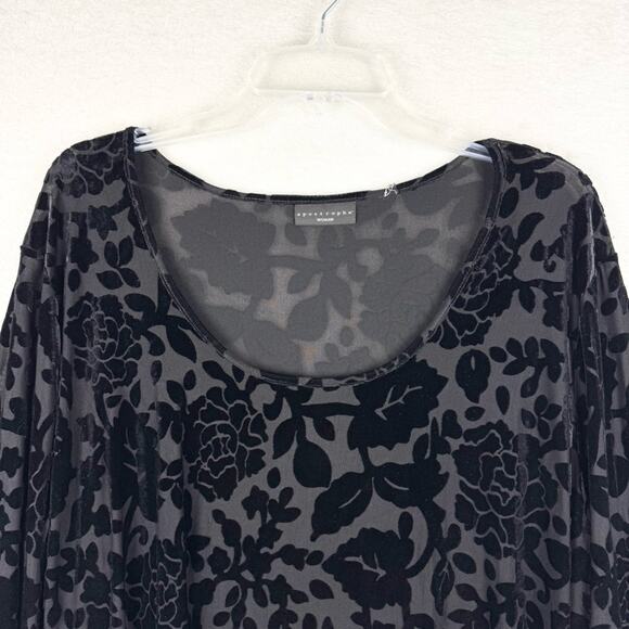 Velvet Burnout Black Long Line Tunic Whimsigoth Witchy Dark Floral Scoop Neck - Picture 2 of 12